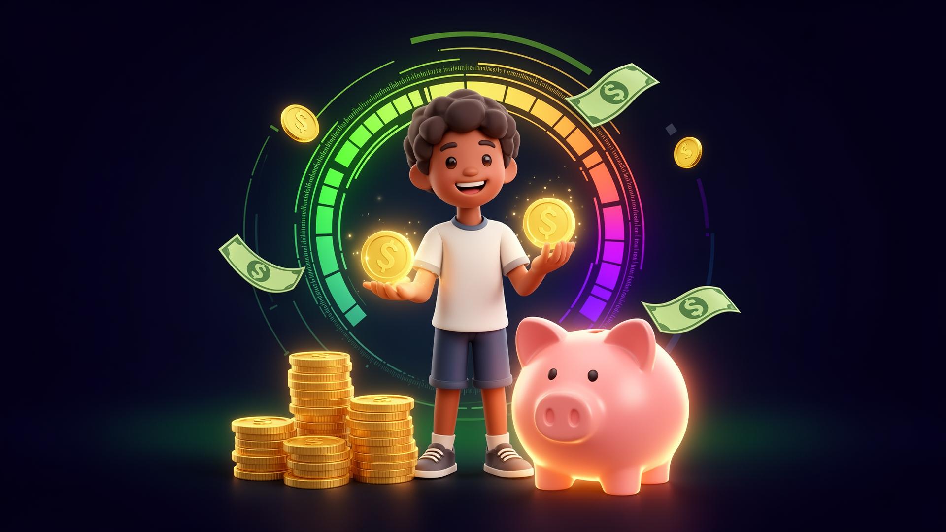 Middle school student avatar in MoneyQuest Jr. with floating coins and progress meter